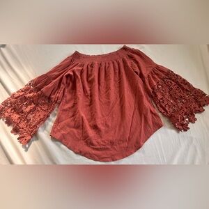 Women's Listicle boho style  Off-Shoulder Lace Sleeve Top - Rust